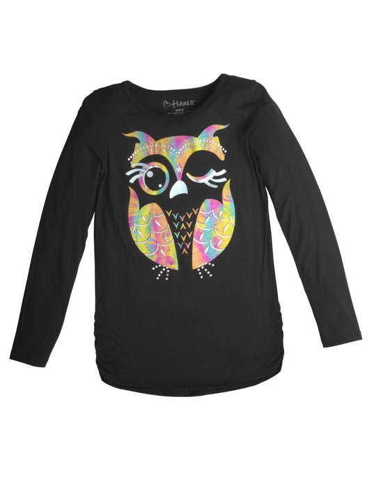 Hanes Girl`s Graphic Shirred Sideseam Long Sleeve Tee