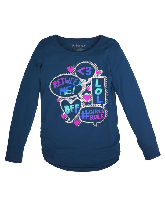 Hanes Girl`s Graphic Shirred Sideseam Long Sleeve Tee