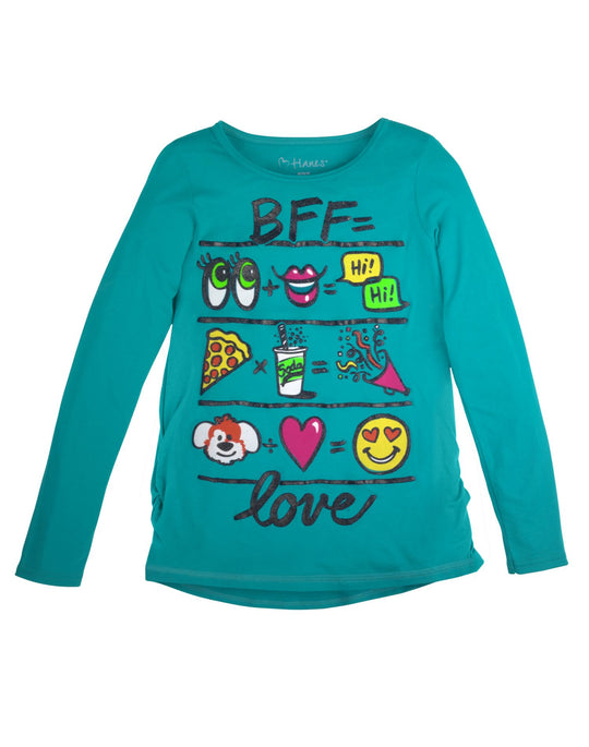 Hanes Girl`s Graphic Shirred Sideseam Long Sleeve Tee
