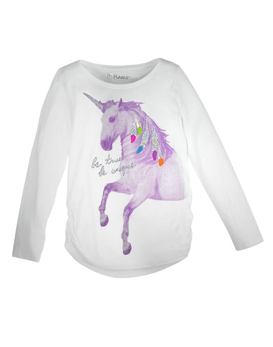 Hanes Girl`s Graphic Shirred Sideseam Long Sleeve Tee