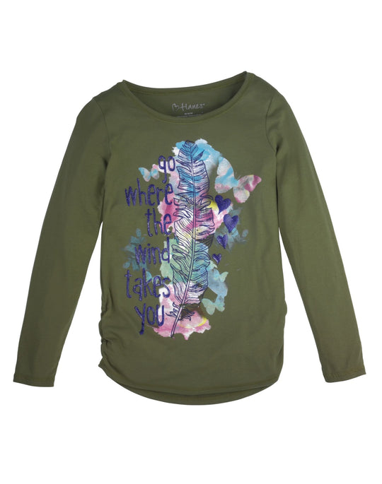 Hanes Girl`s Graphic Shirred Sideseam Long Sleeve Tee