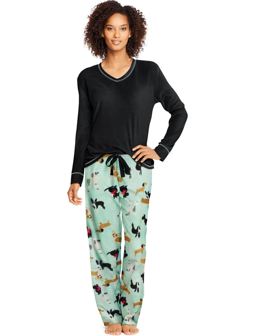 Hanes Womens Micropolar Fleece Long Sleeve V-Neck Tee/Pants Sleep Set