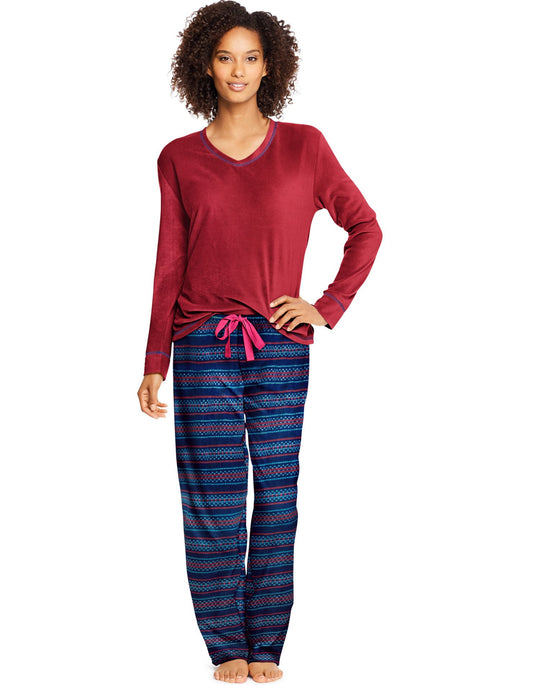 Hanes Womens Micropolar Fleece Long Sleeve V-Neck Tee/Pants Sleep Set