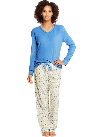 Hanes Womens Micropolar Fleece Long Sleeve V-Neck Tee/Pants Sleep Set