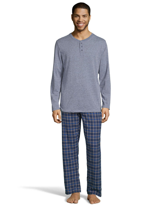 Hanes Mens Henley Crew with Flannel Pant PJ Set
