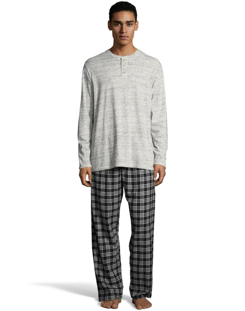 Hanes Mens Henley Crew with Flannel Pant PJ Set