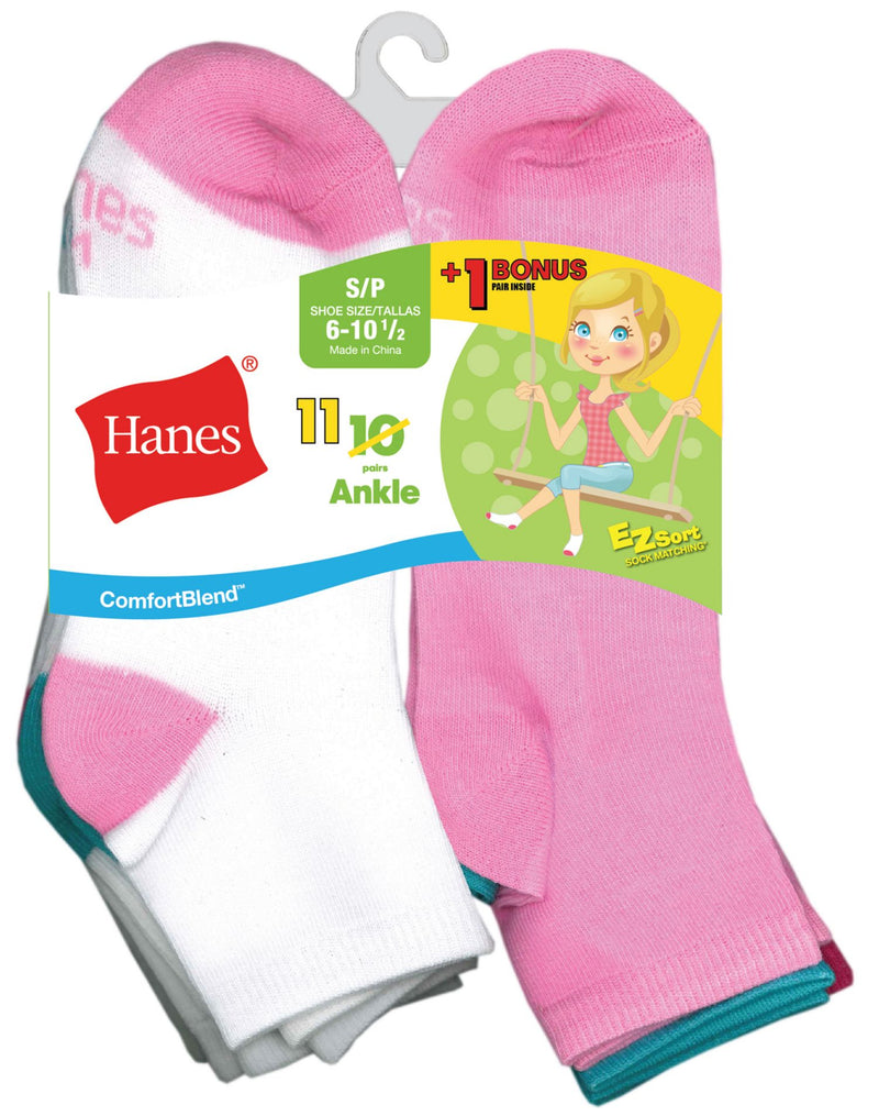 Hanes Girls` EZ-Sort 11-Pack ComfortBlend Ankle Socks