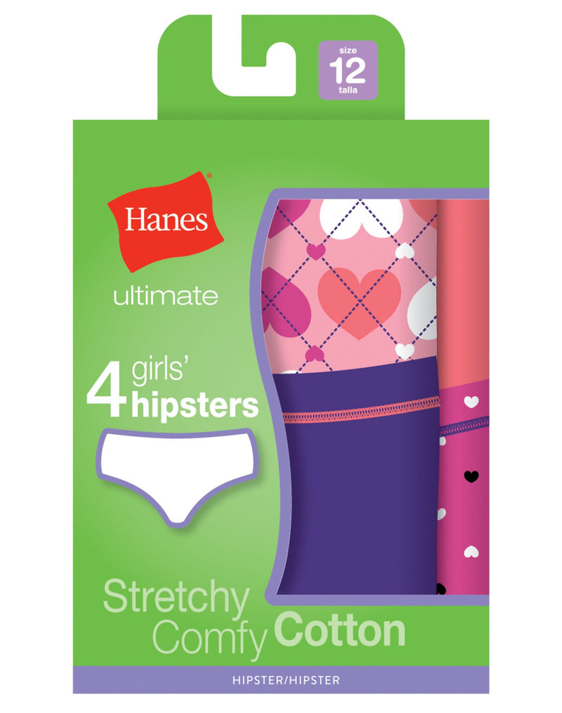 Hanes Girls Ultimate TAGLESS 4-Pack Cotton Stretch Hipsters