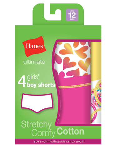Hanes Girls Ultimate TAGLESS 4-Pack Cotton Stretch Boy Shorts