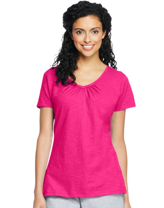 Hanes Women`s Slub Jersey Shirred V-Neck