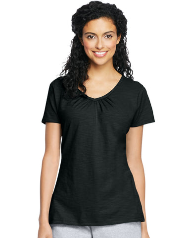 Hanes Women`s Slub Jersey Shirred V-Neck