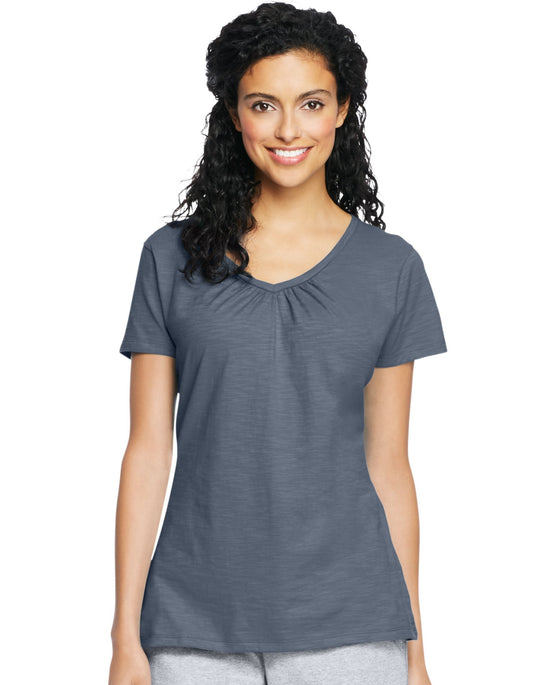 Hanes Women`s Slub Jersey Shirred V-Neck