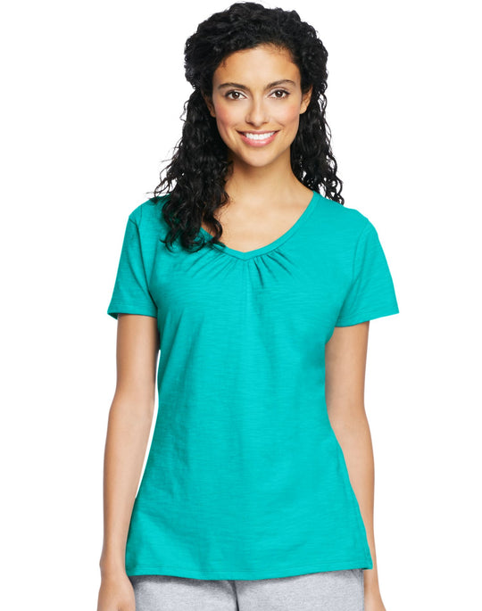 Hanes Women`s Slub Jersey Shirred V-Neck