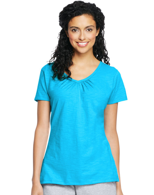 Hanes Women`s Slub Jersey Shirred V-Neck