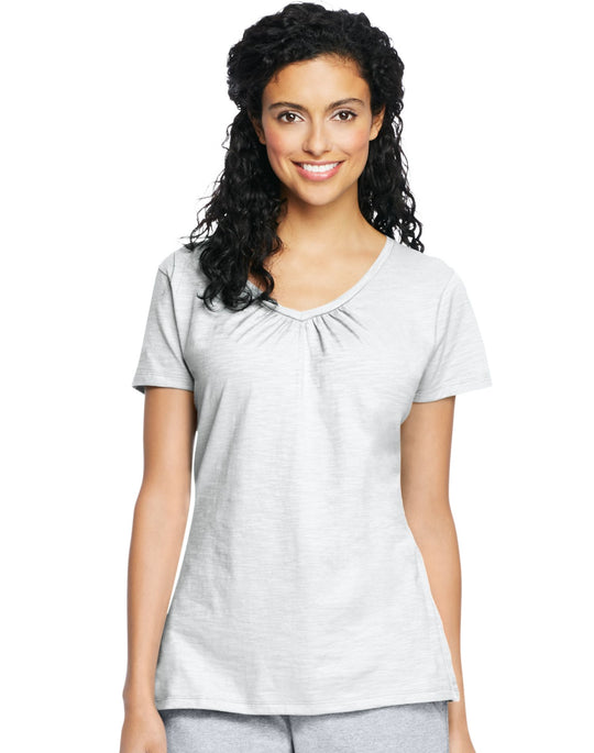 Hanes Women`s Slub Jersey Shirred V-Neck