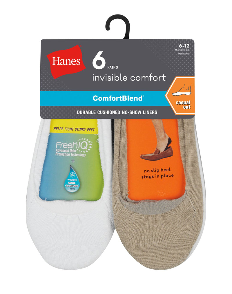 Hanes Mens ComfortBlend Cushioned No-Show Liner Socks Casual Cut 6-Pack