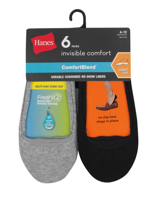 Hanes Mens ComfortBlend Cushioned No-Show Liner Socks Casual Cut 6-Pack