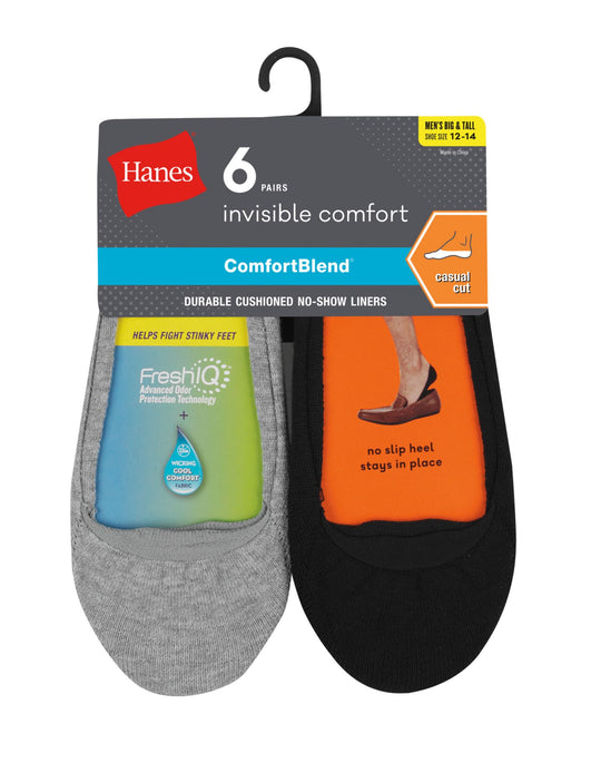 Hanes Mens ComfortBlend Cushioned No-Show Liner Socks Casual Cut 6-Pack