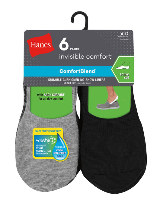 Hanes Mens ComfortBlend Cushioned No-Show Liner Socks Active Cut 6-Pack