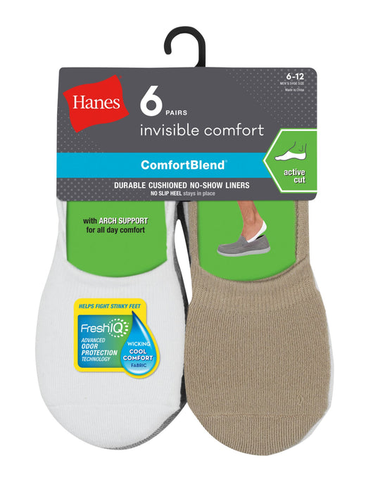 Hanes Mens ComfortBlend Cushioned No-Show Liner Socks Active Cut 6-Pack