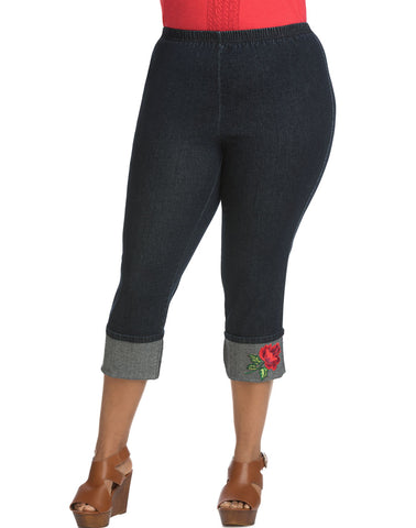 Just My Size Womens Denim Pull On Capri with Roll Cuff and Rose Motif