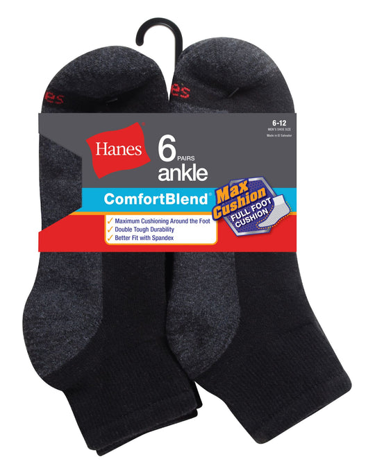 Hanes ComfortBlend Men`s 6-Pack Max Cushion Ankle Sock