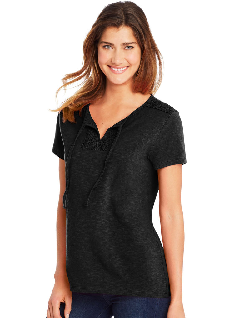 Hanes Womens Tie Front Henley with Crochet Trim