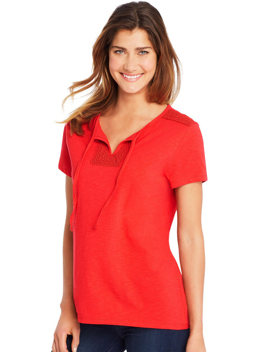 Hanes Womens Tie Front Henley with Crochet Trim
