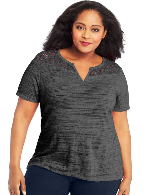 Just My Size Womens Short Sleeve Lace Peasant Top