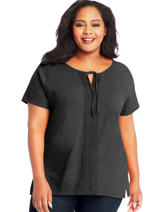 Just My Size Womens Split Neck Lace Front Top