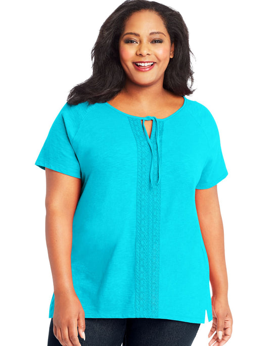 Just My Size Womens Split Neck Lace Front Top