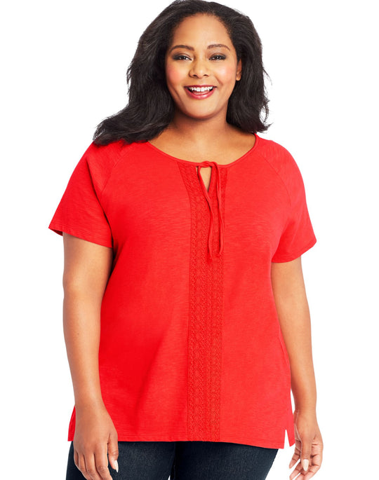 Just My Size Womens Split Neck Lace Front Top