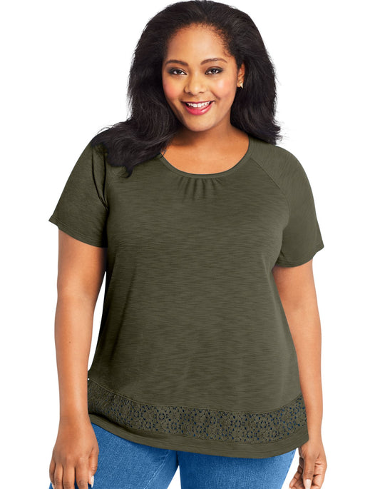 Just My Size Womens Lace Panel Short Sleeve Top