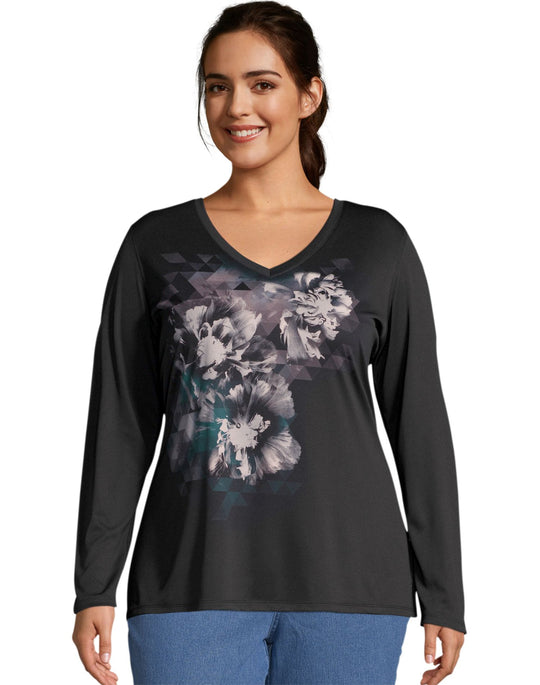 Just My Size Womens Long Sleeve Cool Dri V-Neck Graphic Tee