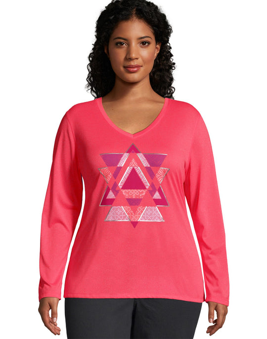Just My Size Womens Long Sleeve Cool Dri V-Neck Graphic Tee