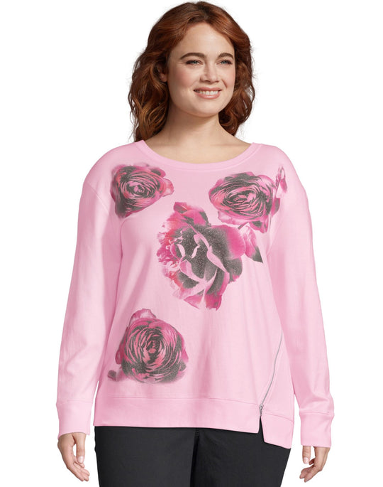 Just My Size Womens French Terry Side Zip Graphic Crew Sweatshirt