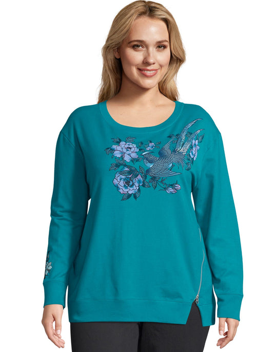 Just My Size Womens French Terry Side Zip Graphic Crew Sweatshirt