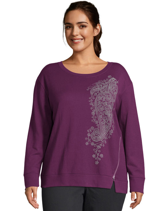 Just My Size Womens French Terry Side Zip Graphic Crew Sweatshirt