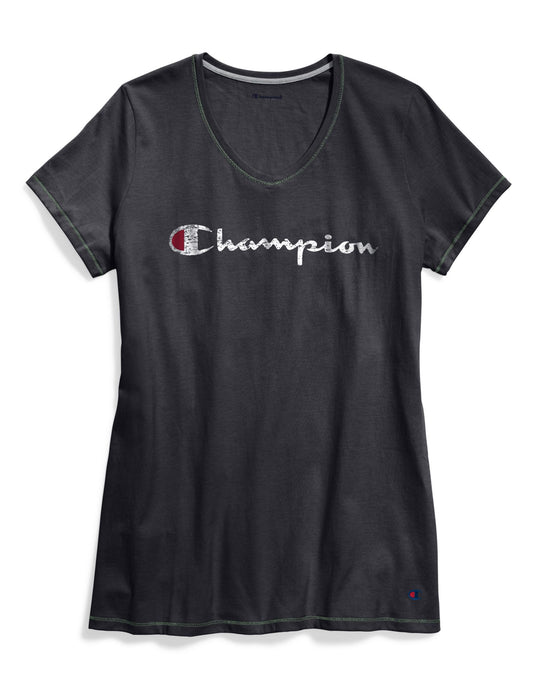 Champion Womens Plus Jersey V-Neck Graphic Tee