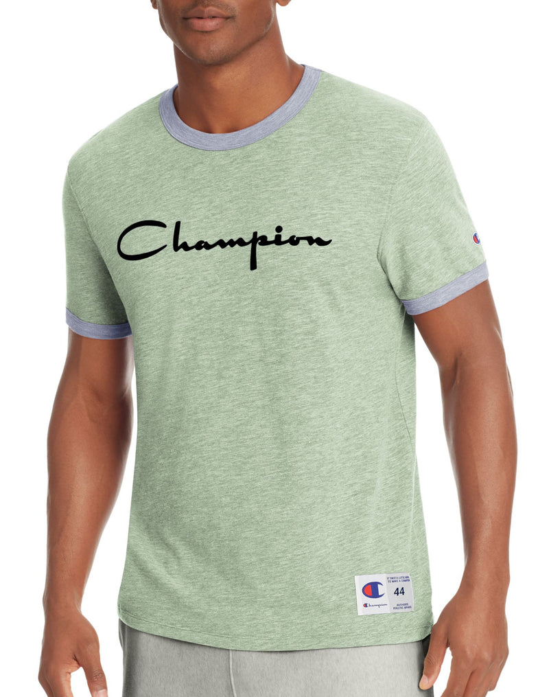 Champion Mens Heritage Ringer Tee, Flocked Script Logo