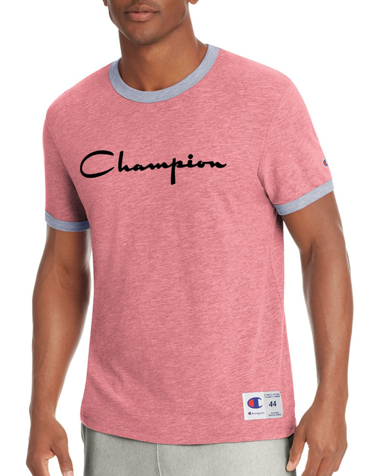 Champion Mens Heritage Ringer Tee, Flocked Script Logo
