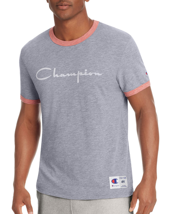 Champion Mens Heritage Ringer Tee, Flocked Script Logo