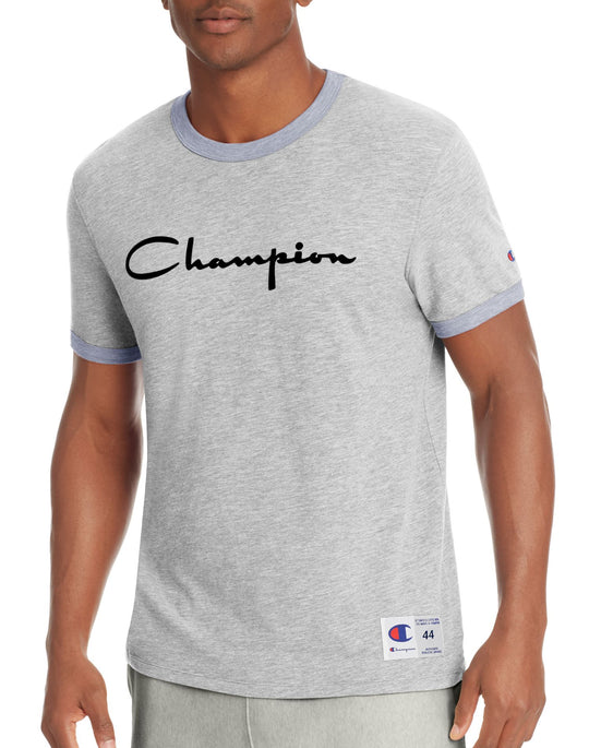 Champion Mens Heritage Ringer Tee, Flocked Script Logo