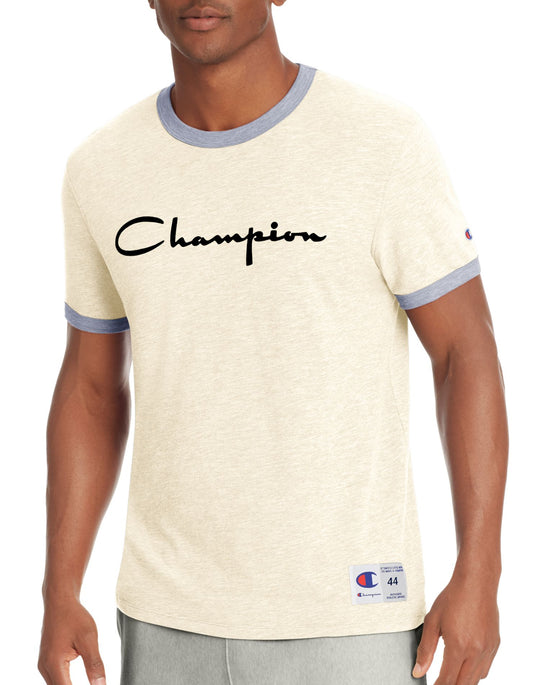 Champion Mens Heritage Ringer Tee, Flocked Script Logo