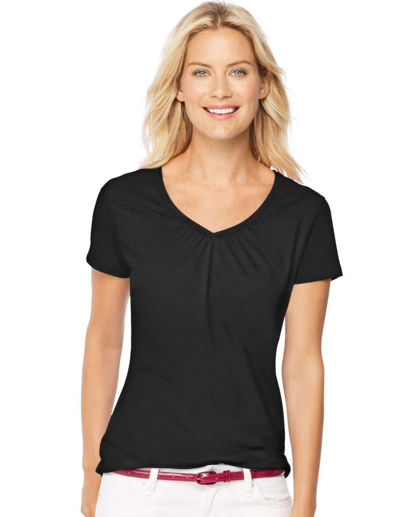 Hanes Women`s Short-Sleeve Shirred V-Neck Tee