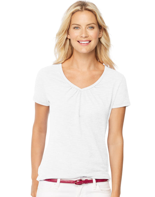 Hanes Women`s Short-Sleeve Shirred V-Neck Tee