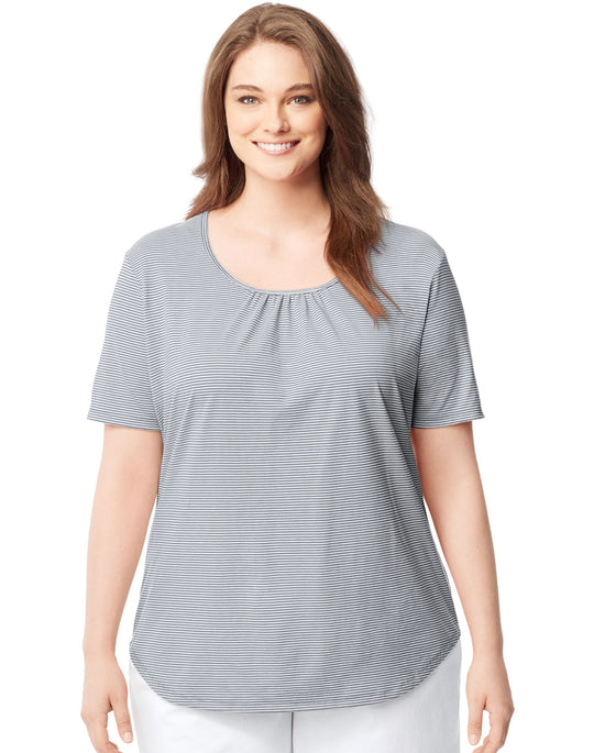 Just My Size Womens Shirred and Striped Scoop-Neck Jersey Tee
