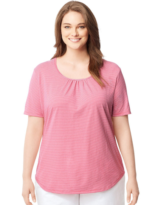 Just My Size Womens Shirred and Striped Scoop-Neck Jersey Tee