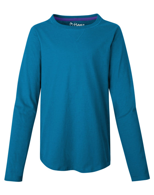 Hanes Girls` V-Notch Shirttail Long-Sleeve Crewneck T-Shirt