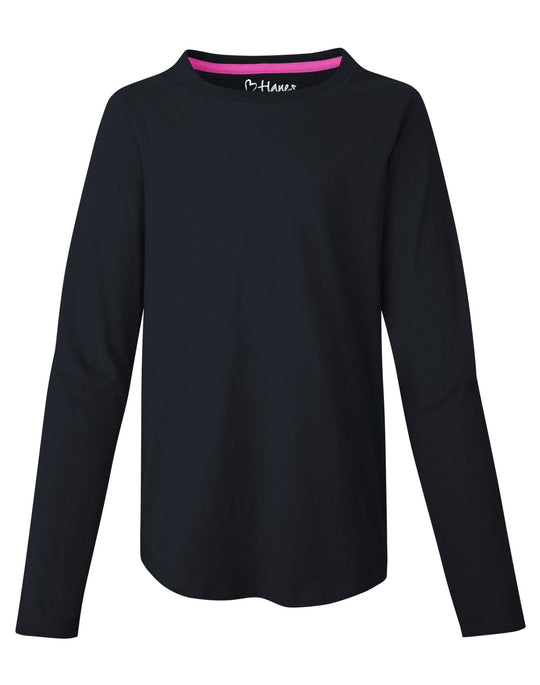 Hanes Girls` V-Notch Shirttail Long-Sleeve Crewneck T-Shirt
